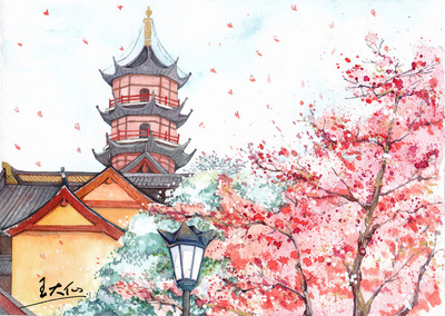 水彩 南京樱花盛开_涂鸦王国 原创绘画平.